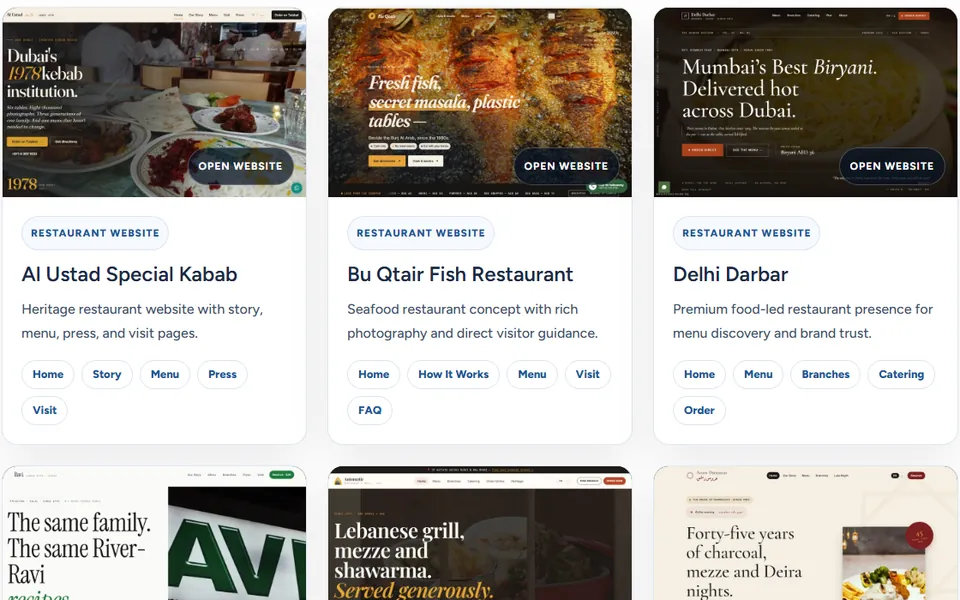 Restaurant websites in the BytesGlue showcase